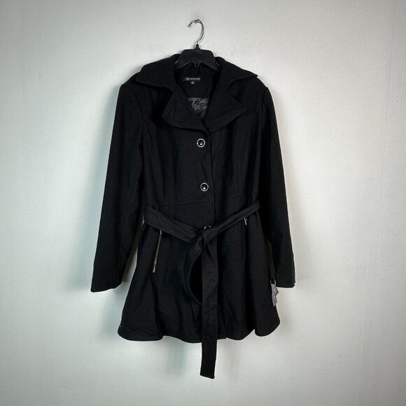 INC Womens XL Black Button Up Tie Waist Mid Thigh Length Coat NWT CS53